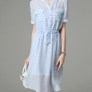 Light Blue Paneled Stripes Two Piece Short Sleeve Midi Dress