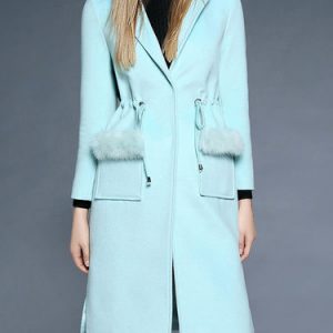 Light Blue Pockets Lapel Elegant Coat