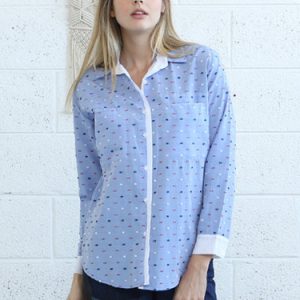 Light Blue Shirt Collar Swiss-dot Jacquard Blouse