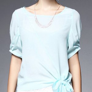 Light Blue Simple Crew Neck Blouse