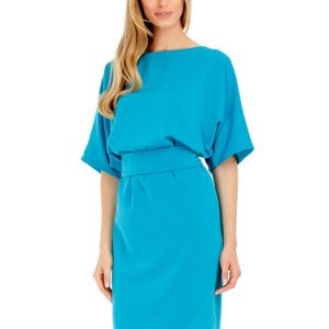 Light Blue Simple Half Sleeve H-line Midi Dress with Belt