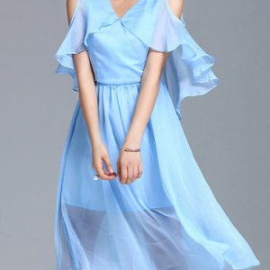 Light Blue Solid Cold Shoulder Ruffled V Neck Midi Dress