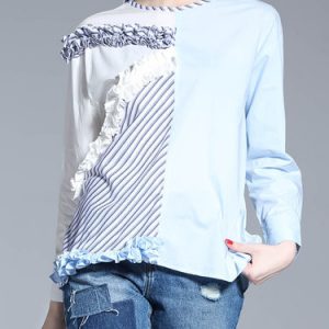 Light Blue Stripes Ruffled Color-block Long Sleeve H-line Cotton Blouse