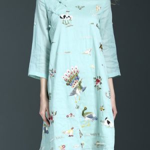 Light Blue Vintage Stand Collar Embroidered 3/4 Sleeve Midi Dress