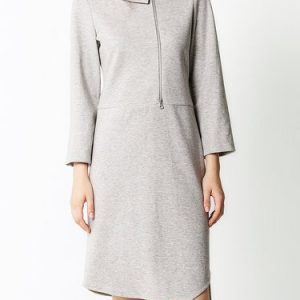 Light Gray Cotton-blend Asymmetrical Long Sleeve Midi Dress