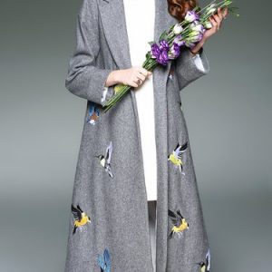 Light Gray Embroidered Wool Blend Casual Lapel Coat