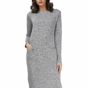 Light Gray Long Sleeve Pockets H-line Midi Dress