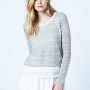 Light Gray Paneled Crew Neck Knitted Long Sleeved Top