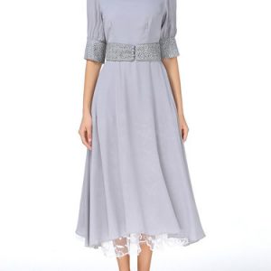 Light Gray Paneled Crew Neck Simple Midi Dress