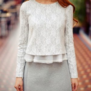 Light Gray Ruffled Lace Long Sleeved Top