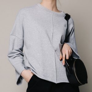 Light Gray Simple Cotton-blend Plain Long Sleeved Top