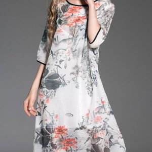 Light Gray Vintage A-line Printed Polyester Midi Dress