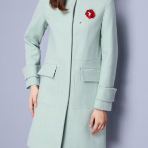 Light Green Buttoned Girly Solid Coat with Brooch