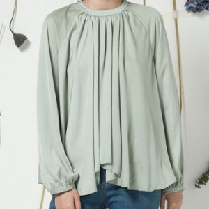 Light Green Draped Long Sleeve Crew Neck Chiffon Blouse