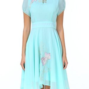 Light Green Embroidered Short Sleeve Stand Collar Swing Midi Dress