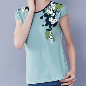 Light Green Floral-print Simple T-Shirt