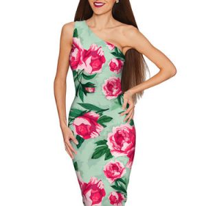 Light Green Sheath Floral One Shoulder Party Dress