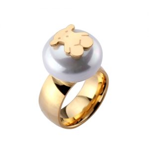 Little Bear Ring Vacuum Plating Artificial Pearl Titanium Steel Fashionable Women Jewelry Decorations