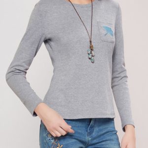 Long Sleeve Casual Crew Neck Embroidered H-line Long Sleeved Top