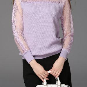 Long Sleeve Casual Crew Neck Mesh Paneled Pierced Long Sleeved Top