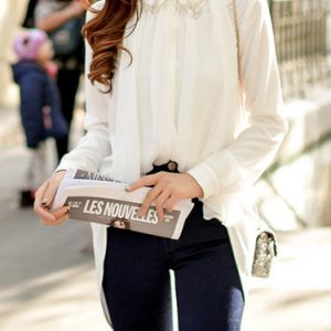 Long Sleeve Chiffon Beaded Casual Blouse