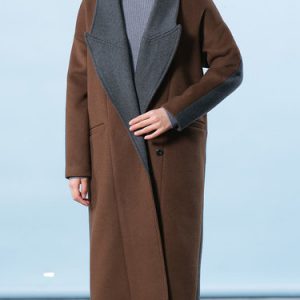 Long Sleeve Color-block Casual Wool blend Coat