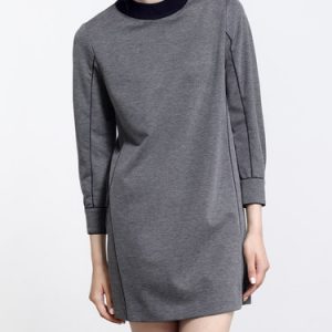 Long Sleeve Color-block Crew Neck Simple H-line Mini Dress