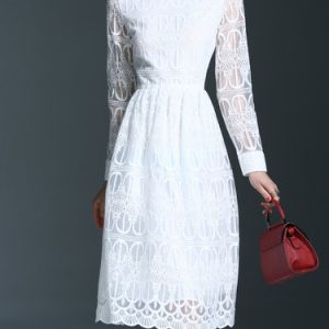 Long Sleeve Cotton-blend A-line Pierced Midi Dress