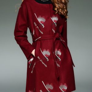 Long Sleeve Crew Neck Casual Shift Embroidered Coat