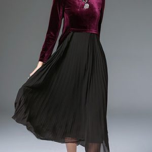 Long Sleeve Elegant Turtleneck Pleated Midi Dress