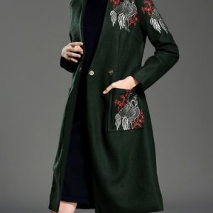 Long Sleeve Embroidered Wool Blend H-line Coat