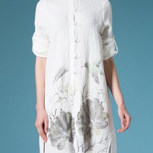 Long Sleeve Floral Print Vintage Linen Midi Dress