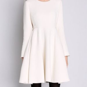 Long Sleeve Folds Simple Crew Neck Wool Blend Midi Dress