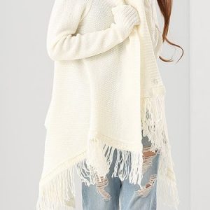 Long Sleeve Fringed Casual Poncho And Cape