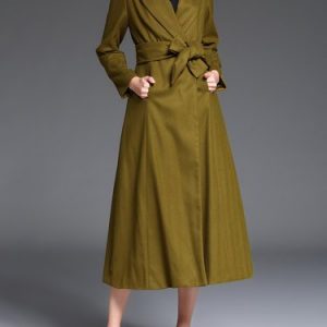 Long Sleeve Lapel A-line Pockets Plain Simple Coat with Belt