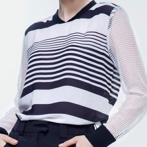 Long Sleeve Mesh Work Stripes Blouse