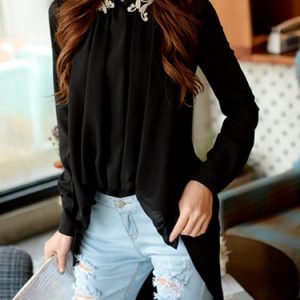 Long Sleeve Plain Sweet Beaded Blouse