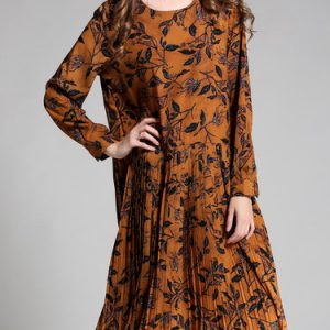 Long Sleeve Pleated Leaf Printed Midi Dress