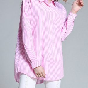 Long Sleeve Printed Stripes Shirt Collar Simple Blouse