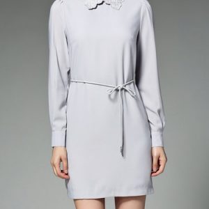 Long Sleeve Shirt Collar Embroidered Simple Cotton-blend Mini Dress with Belt