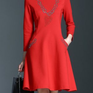 Long Sleeve Stand Collar Elegant Beaded Mini Dress