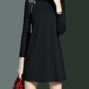 Long Sleeve Turtleneck H-line Cotton-blend Casual Mini Dress