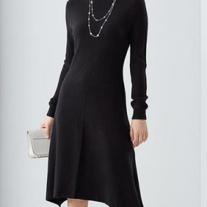 Long Sleeve Wool Blend Casual Knitted Solid Midi Dress