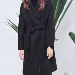 Long Sleeve Wool Blend Simple H-line Coat with Belt