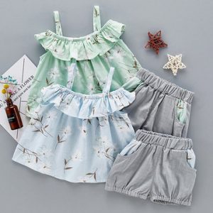 Lovely Baby Girl Flower Printed Strap T-Shirt Solid Pants Two Piece Suits