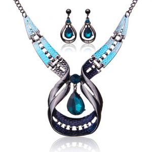 Luxury Jewelry Set Blue Rhinestone Crystal Earrings Necklace Set