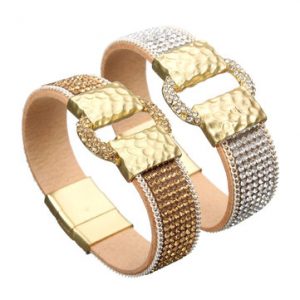 Luxury Women Bracelet Full Rhinestone Belt Buckle Wide Magnetic Leather Bracelet