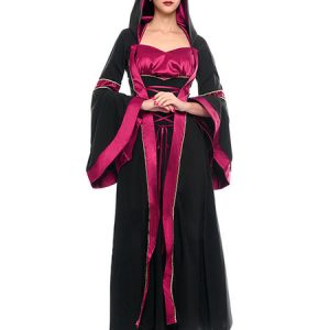 Medieval Victorian Costume Halloween Women Hooded Long Sleeve Dresses