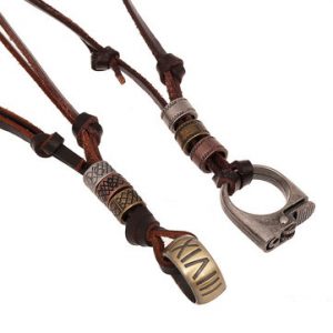 Men Necklace Alloy Lighter Roman Numerals Ring Leather Necklace