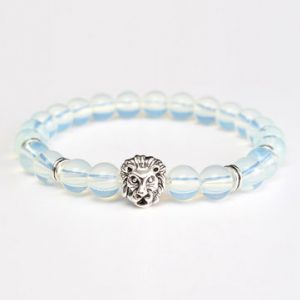 Men's Opalite Bracelet Silver Lion Head Beaded Yogo Stretch Bracelet